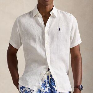 Polo Ralph Lauren Men's White Linen Short Sleeve Shirt - Medium
